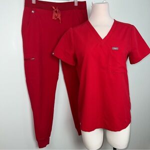 FIGS Technical Collection Red Scrub Set Jogger Pants C Neck Top Women’s Size S